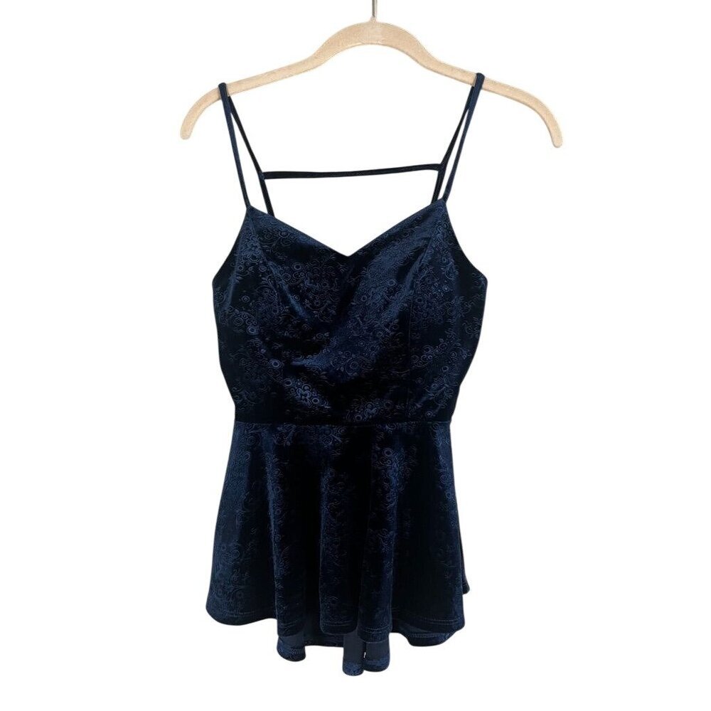 Velvet Peplum Floral Tank Top Blue S Boho Indie Folk Fairy Whimsical Romantic
